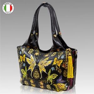 Marino Orlandi Handpainted Butterflies Obsidian Leather Elegant Tote Hobo Bag